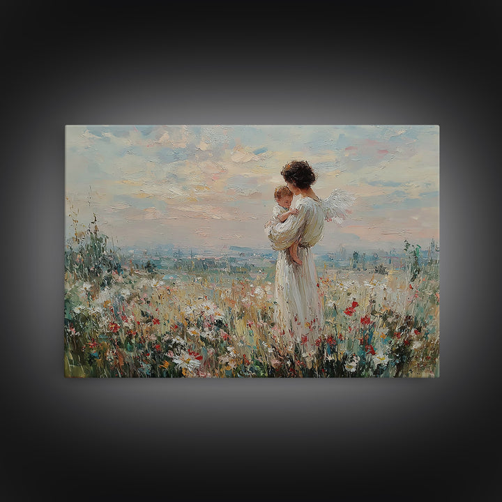 Angel Mother With Baby Wildflower Wall Art, Pastel Meadow Oil Painting Print, Spiritual Nursery Decor, Christian Gift For Mom