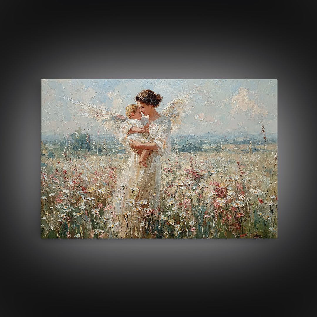 Angel Mother Kissing Baby Canvas Print, Bright Wildflower Meadow Painting, Spiritual Wall Decor, Nursery Art Gift For Mom