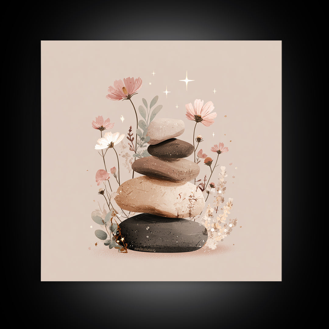 Stacked Zen Stones With Blush Flowers Wall Art, Neutral Spa Decor Canvas, Botanical Bathroom Print, Mindfulness Gift, Home Decor