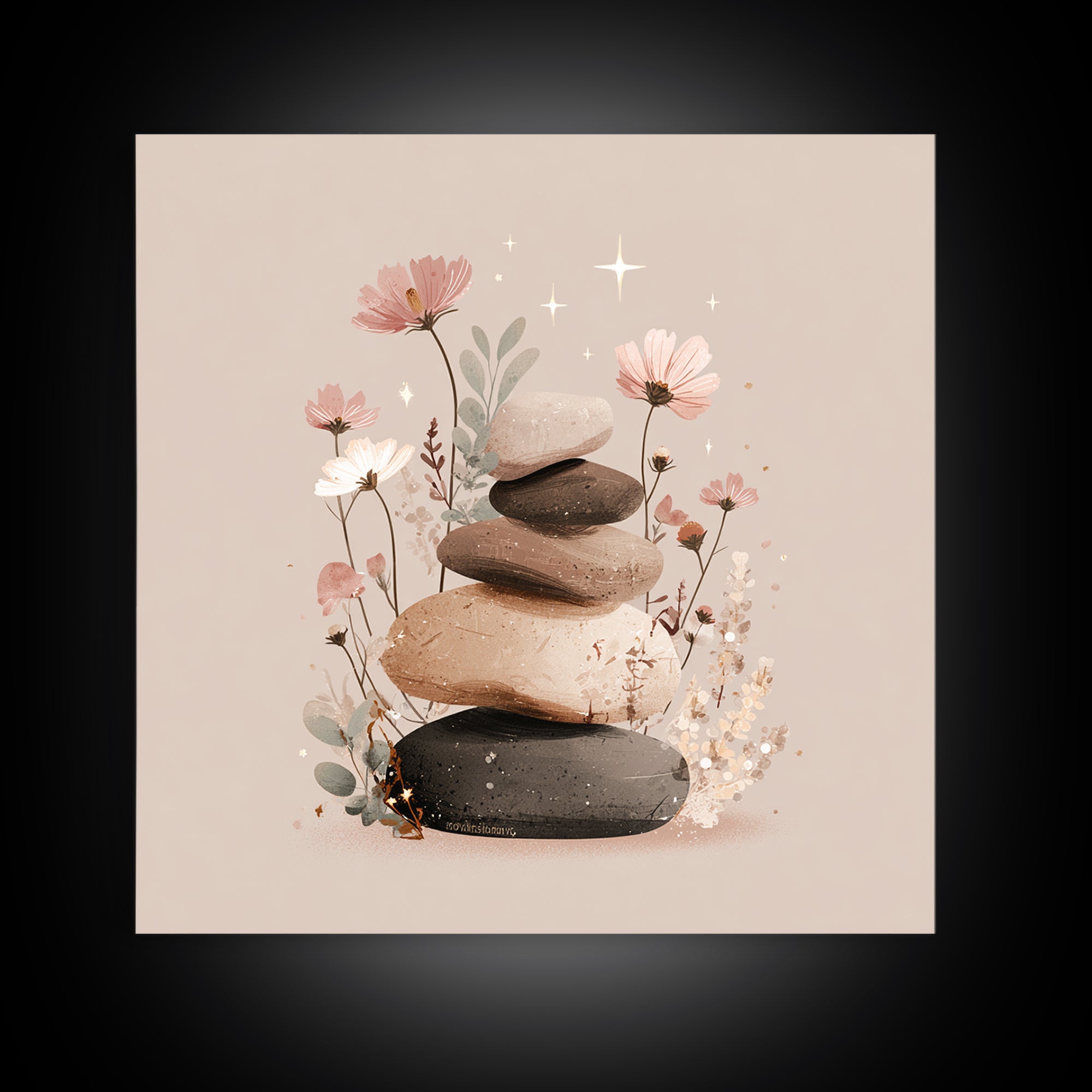 Stacked Zen Stones With Blush Flowers Wall Art, Neutral Spa Decor Canvas, Botanical Bathroom Print, Mindfulness Gift, Home Decor