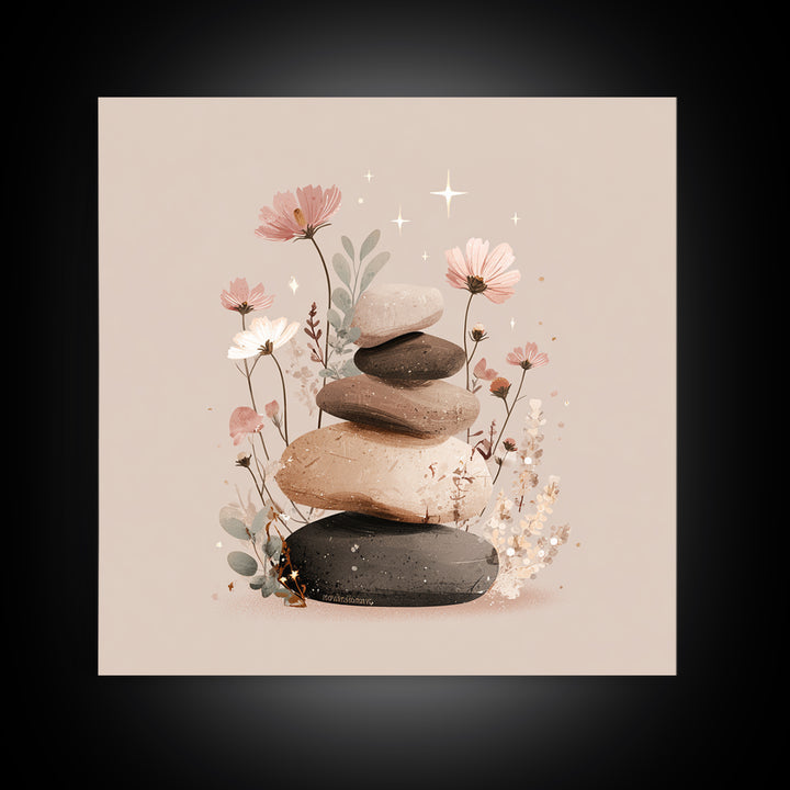 Stacked Zen Stones With Blush Flowers Wall Art, Neutral Spa Decor Canvas, Botanical Bathroom Print, Mindfulness Gift, Home Decor