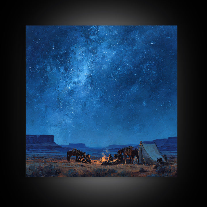 Cowboys Around Campfire Under Milky Way Wall Art, Western Night Desert Painting Print, Rustic Cabin Decor Living Room Art