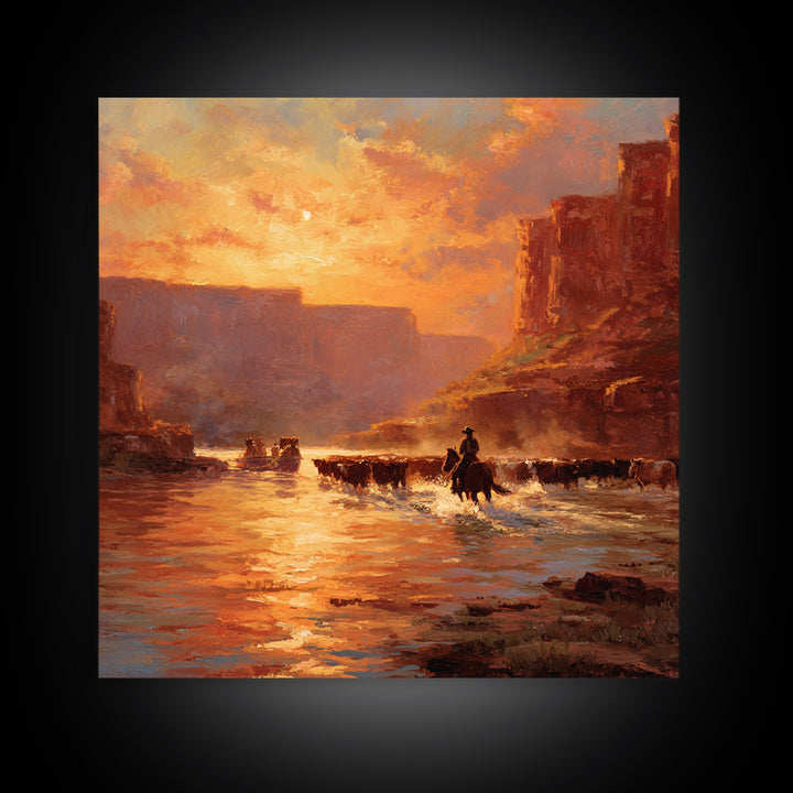Cowboy Cattle Drive Sunset River Western Landscape Wall Art Canvas Print Rustic Home Decor Living Room Western Wall Art