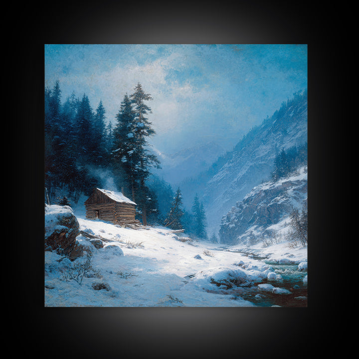 Cozy Winter Cabin In Snowy Mountain Valley Wall Art Print, Rustic Landscape Home Decor, Calming Nature Canvas Print