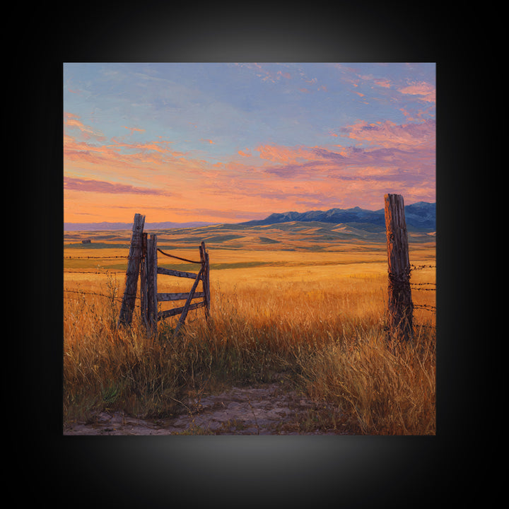 Golden Field Country Landscape Oil Painting Wall Art, Rustic Farm Sunset Hillside Canvas Print Home Decor