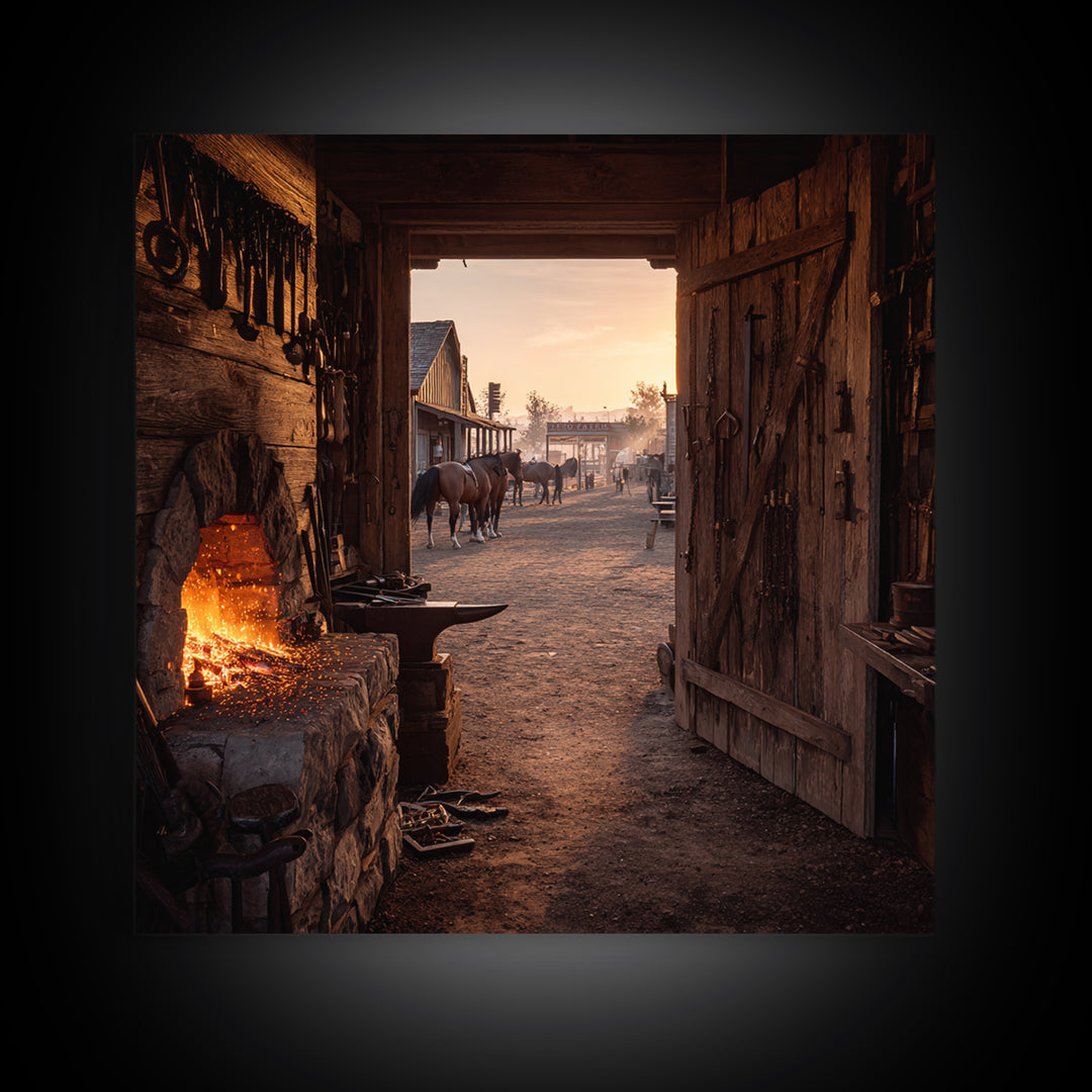Cozy Old West Blacksmith Shop At Sunset Wall Art For Rustic Farmhouse Decor, Western Town Framed Canvas Print
