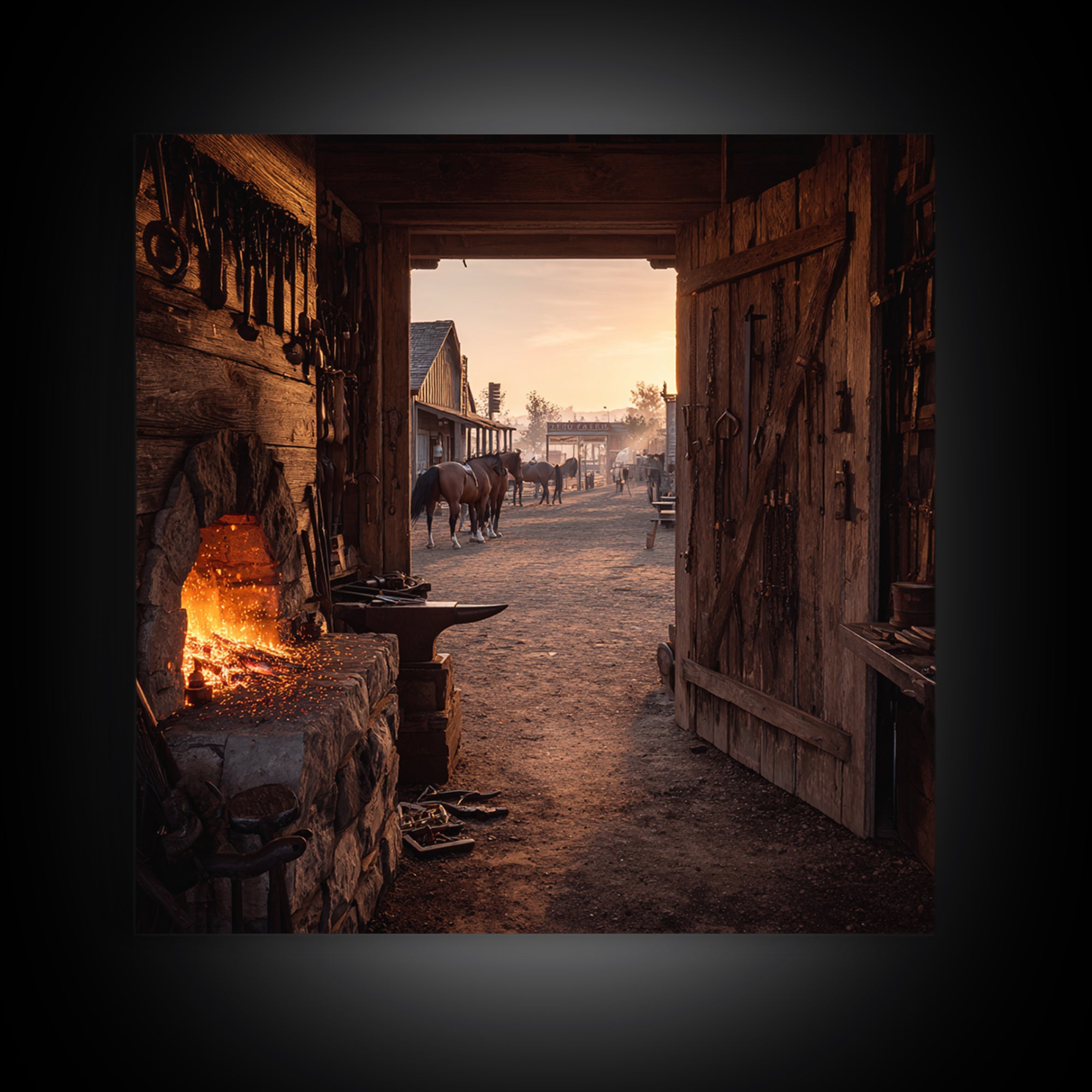 Cozy Old West Blacksmith Shop At Sunset Wall Art For Rustic Farmhouse Decor, Western Town Framed Canvas Print