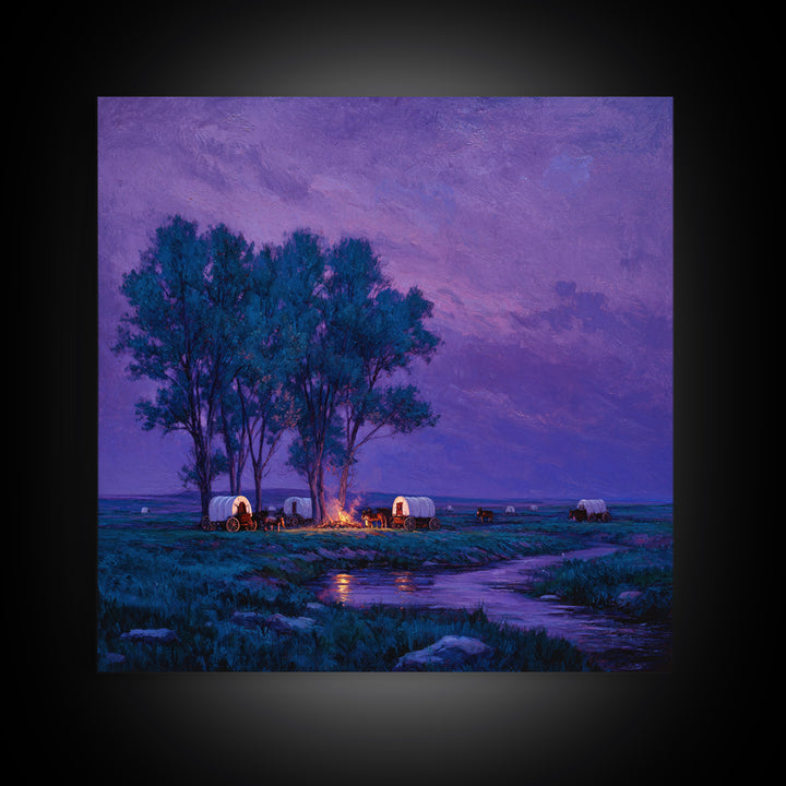 Purple Prairie Campfire Wagons Wall Art, Western Night Landscape Painting, Cozy Cabin Country Decor, Canvas Print