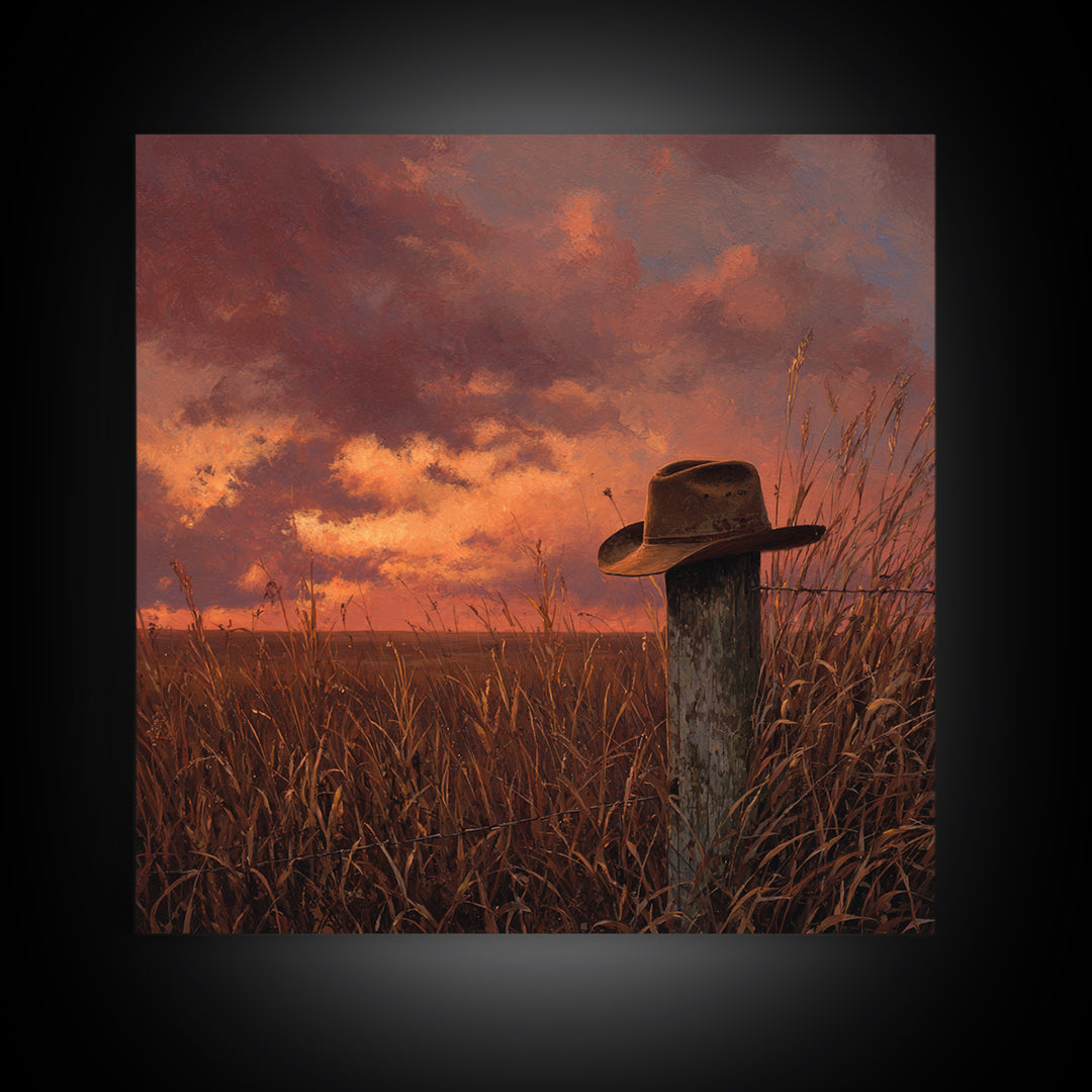 Western Cowboy Hat Sunset Field Wall Art Rustic Landscape Canvas Print Country Home Decor Farmhouse Painting Living Room Art