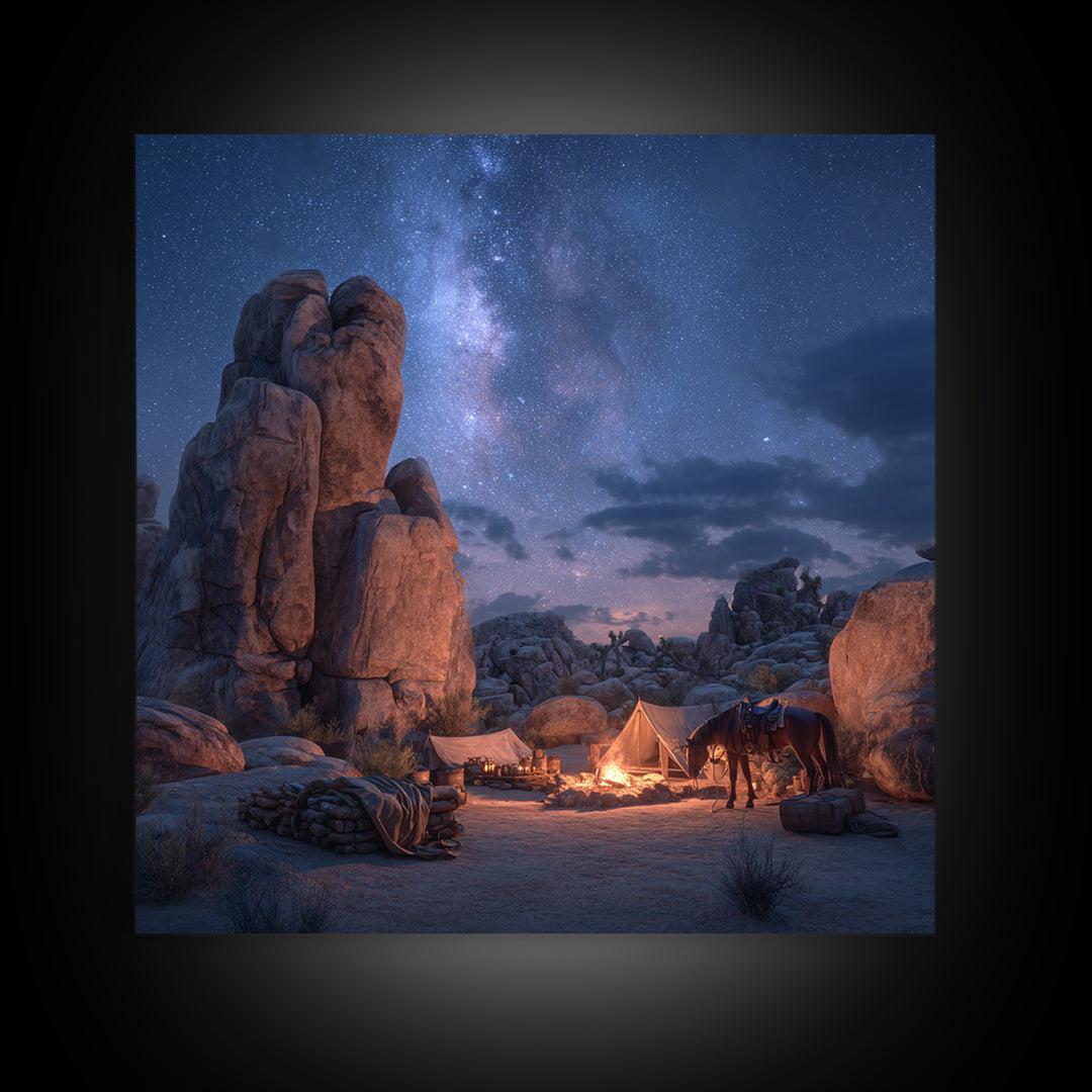 Starry Desert Campfire Wall Art, Western Night Landscape Framed Canvas Print, Cowboy Camping Art, Rustic Cabin Decor