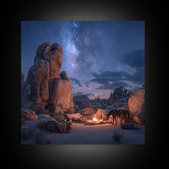 Starry Desert Campfire Wall Art, Western Night Landscape Framed Canvas Print, Cowboy Camping Art, Rustic Cabin Decor
