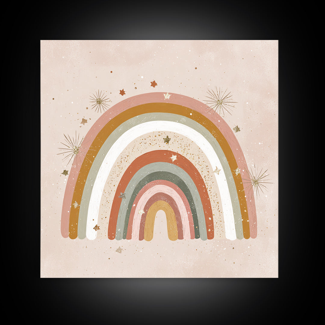 Muted Rainbow With Stars Canvas Print, Boho Nursery Wall Decor, Kids Room Art, Pastel Home Decor, Baby Shower Gift For Girl Nursery Decor