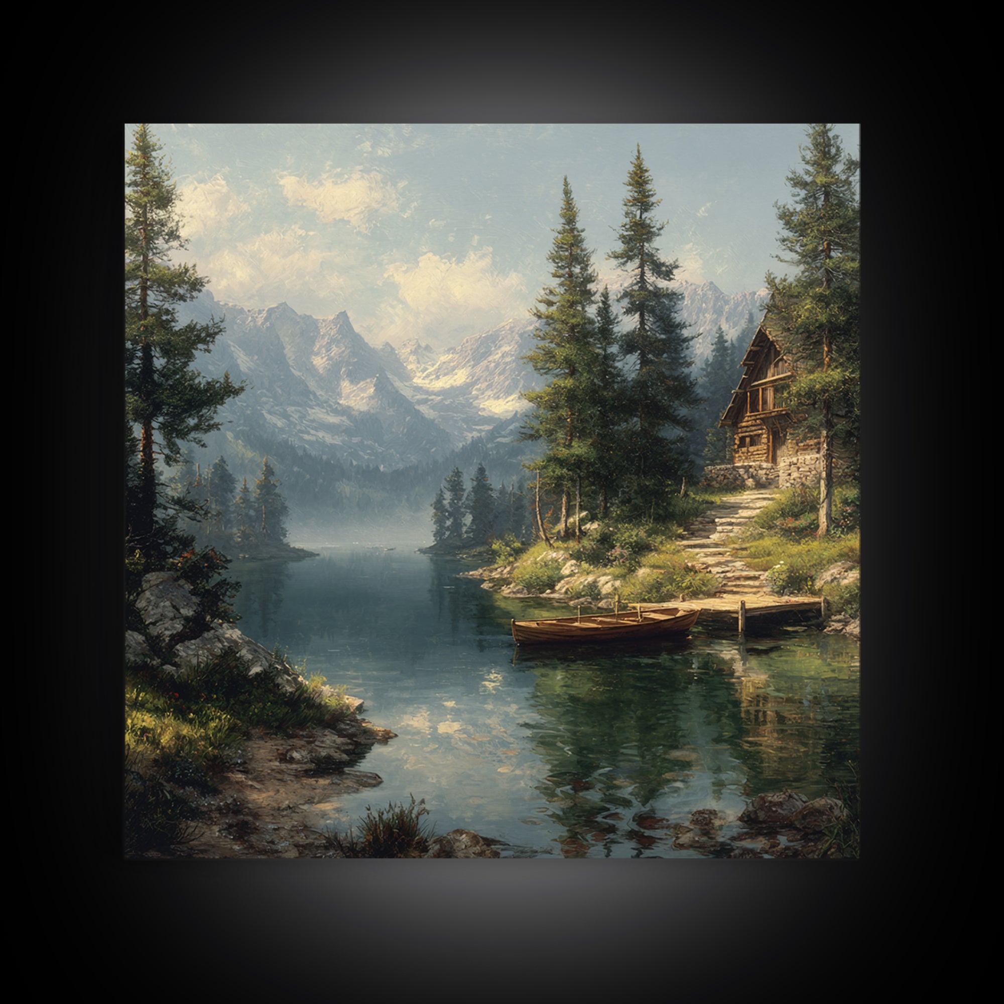 Mountain Lake Cabin Landscape Wall Art Canvas Print, Rustic Country Home Decor, Large Landscape Art, Living Room Wall Decor
