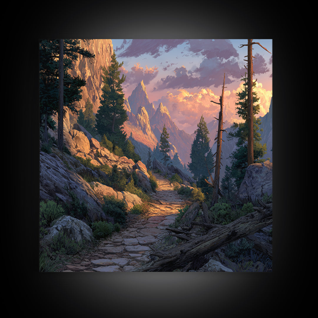 Mountain Trail At Sunset Landscape Wall Art, Scenic Hiking Path Canvas Print, Rustic Nature Home Decor For Living Room