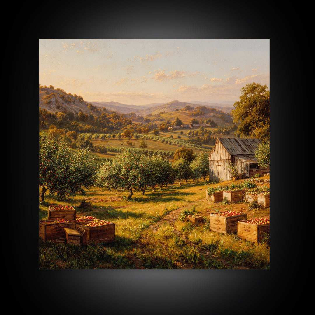 Golden Orchard Valley Landscape Painting Wall Art, Rustic Farm Harvest Print, Country Kitchen And Dining Room Decor