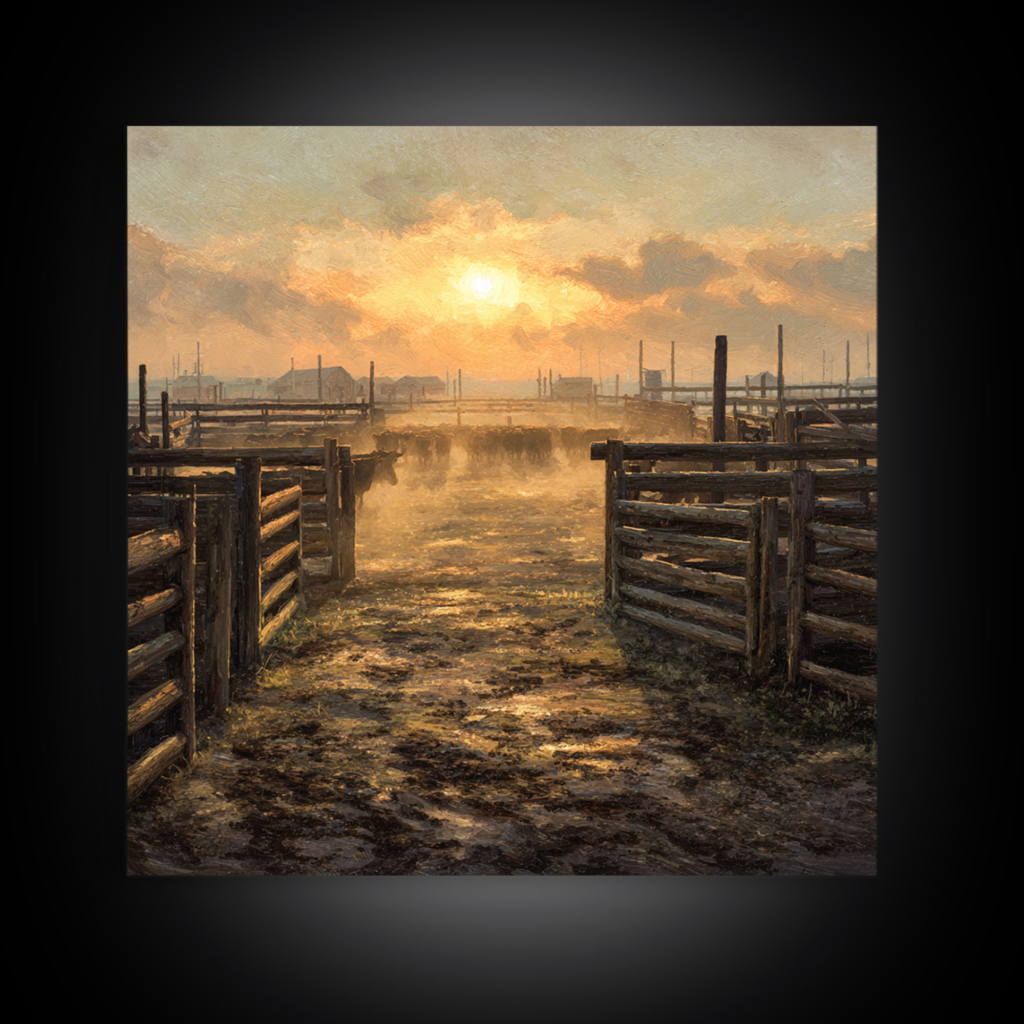 Rustic Cattle Pens Sunrise Oil Painting Wall Art, Western Farmhouse Landscape Print For Country Kitchen Or Living Room Decor