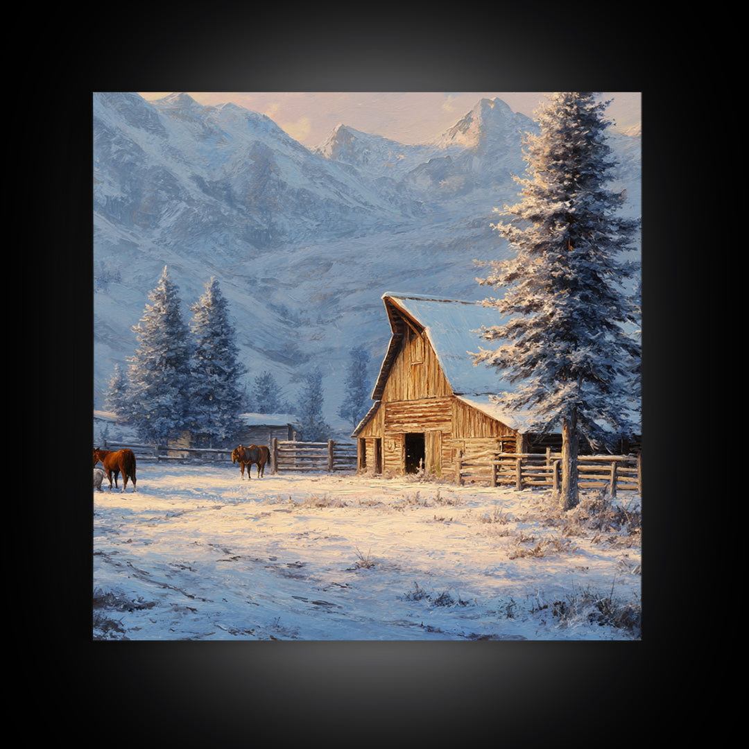 Snowy Mountain Barn Winter Wall Art, Rustic Farm Landscape Canvas Print, Cozy Cabin Decor, Country Farmhouse Living Room Wall Decor