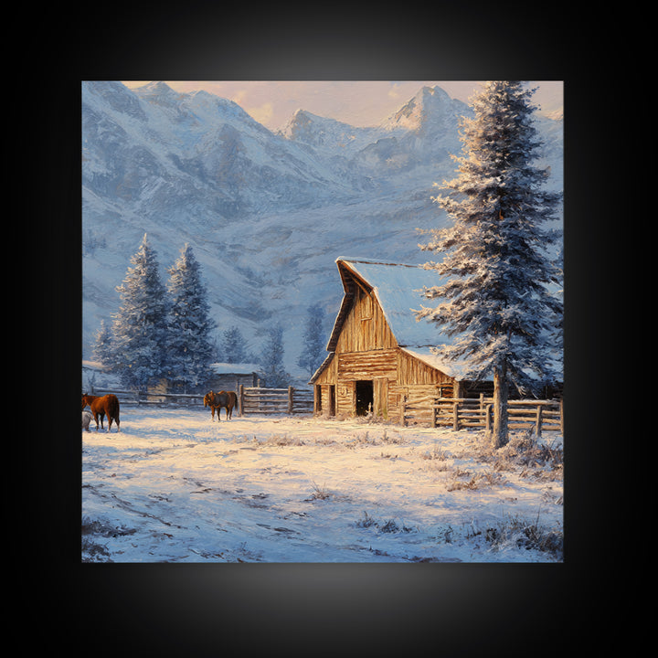 Snowy Mountain Barn Winter Wall Art, Rustic Farm Landscape Canvas Print, Cozy Cabin Decor, Country Farmhouse Living Room Wall Decor