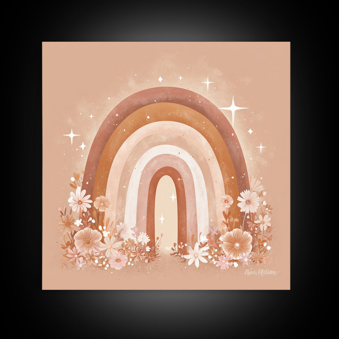 Peach Floral Rainbow Wall Art, Daisy Nursery Decor, Boho Kids Room Art, Feminine Wall Decor, Baby Girl Nursery Canvas Print