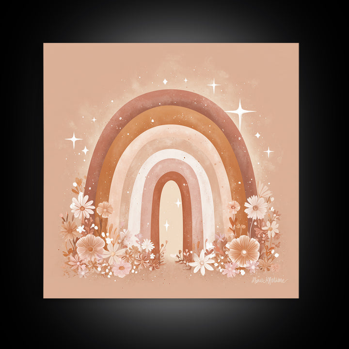 Peach Floral Rainbow Wall Art, Daisy Nursery Decor, Boho Kids Room Art, Feminine Wall Decor, Baby Girl Nursery Canvas Print