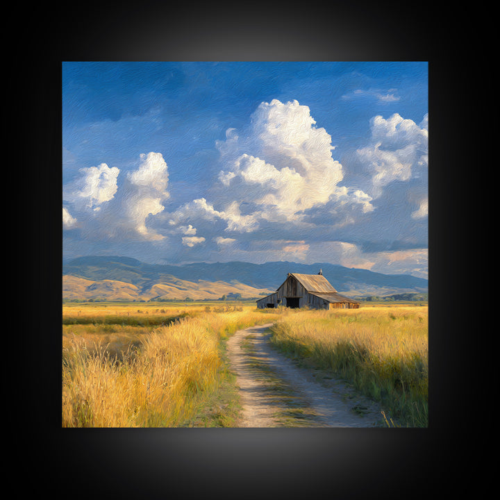 Golden Field Barn Country Landscape Wall Art, Blue Sky Farmhouse Canvas Print, Rustic Country Home Decor For Kitchen Or Living Room