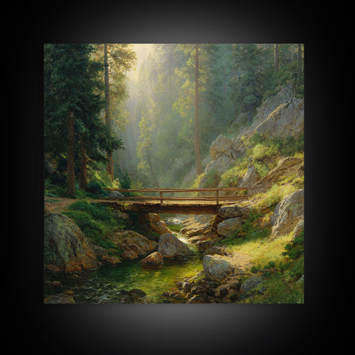 Sunlit Forest Bridge Landscape Wall Art, Tranquil Nature Print, Calming Green Decor, Rustic Country Artwork For Living Room Or Bedroom