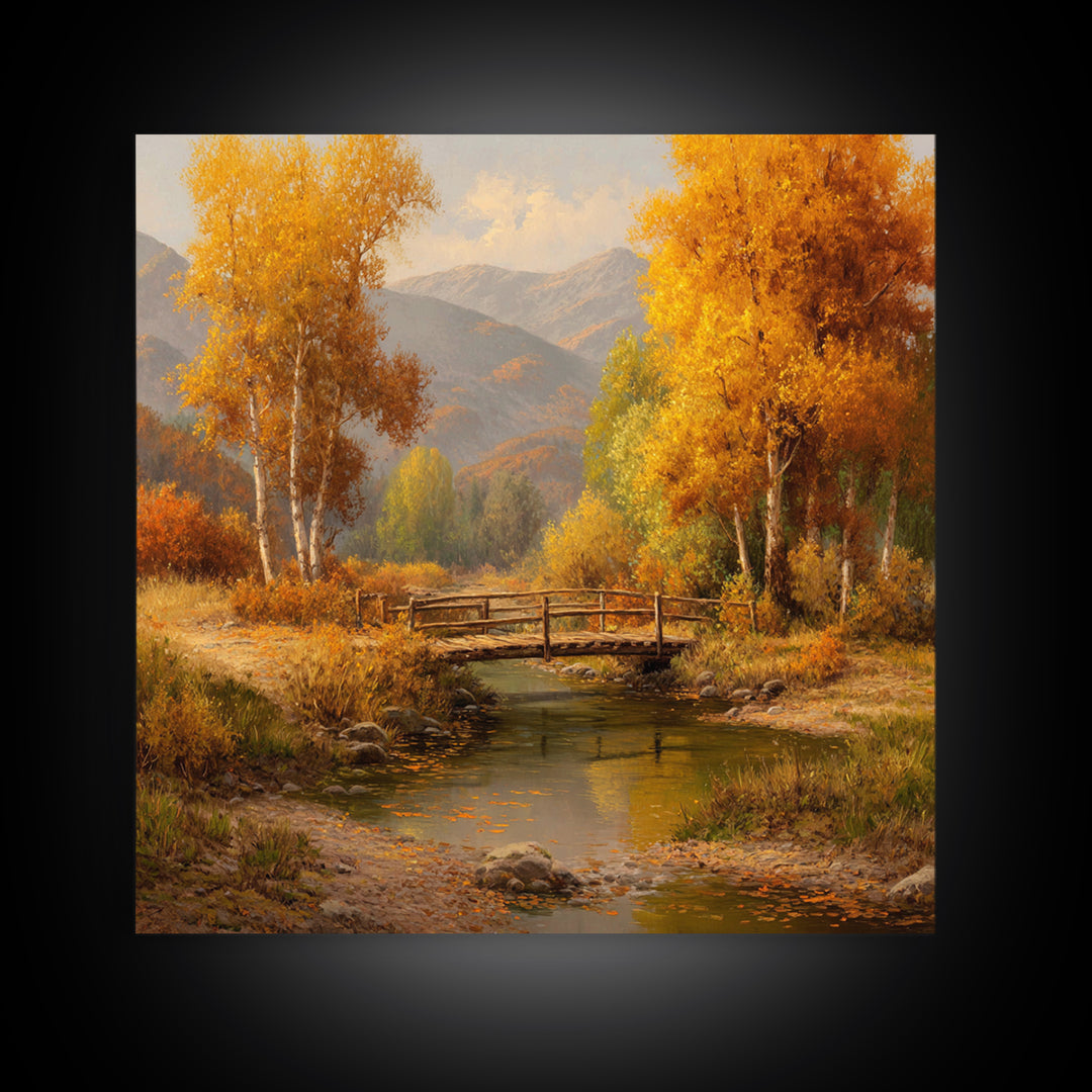 Autumn Forest Bridge Landscape Wall Art, Rustic Country Stream Canvas Print, Cozy Fall Home Decor, Living Room Wall Art