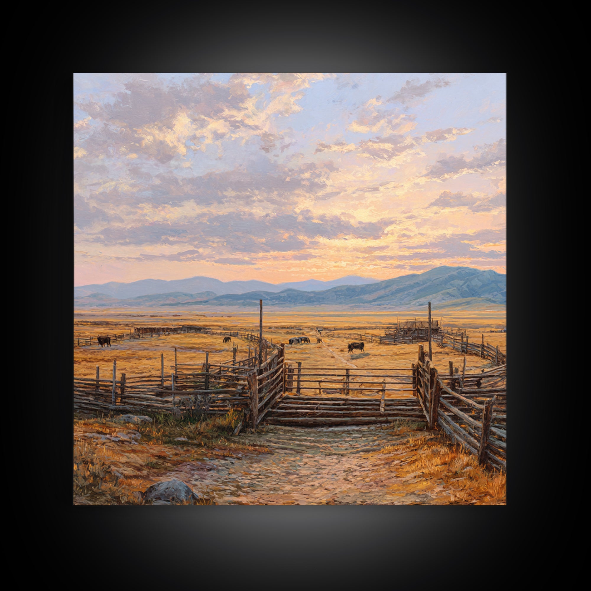 Sunset Cattle Ranch Landscape Painting Wall Art, Rustic Western Pasture Print, Country Farmhouse Living Room Decor