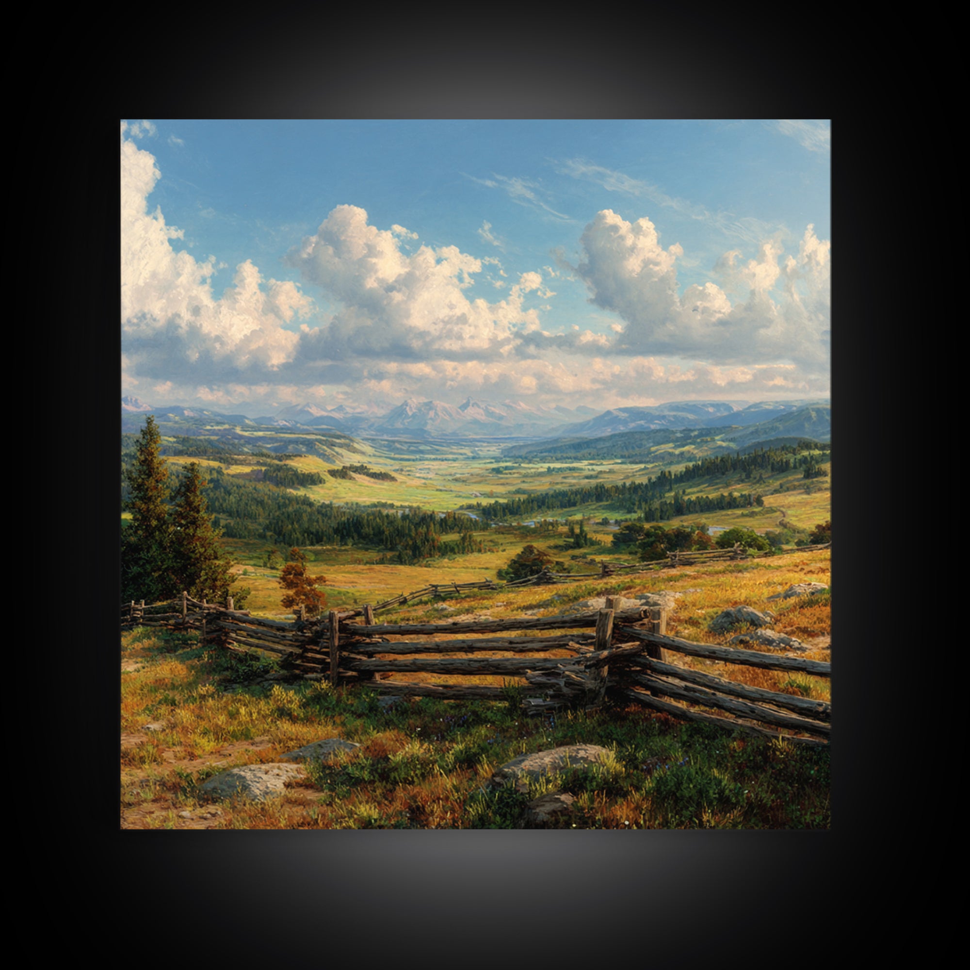 Wide Mountain Valley Landscape Wall Art, Rustic Country Canvas Print, Large Western Farmhouse Decor For Living Room
