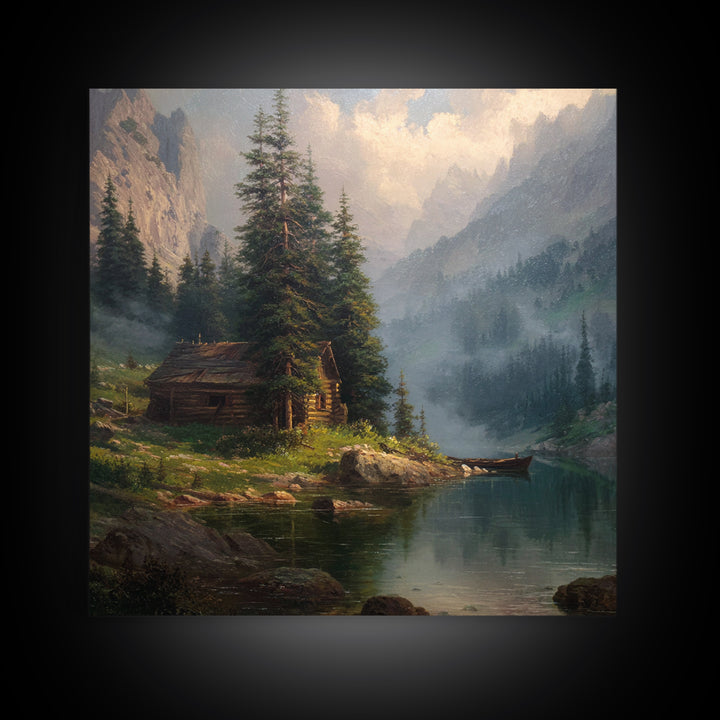 Mountain Cabin Lake Sunset Landscape Wall Art Rustic Nature Painting Home Decor Living Room Decor Canvas Print