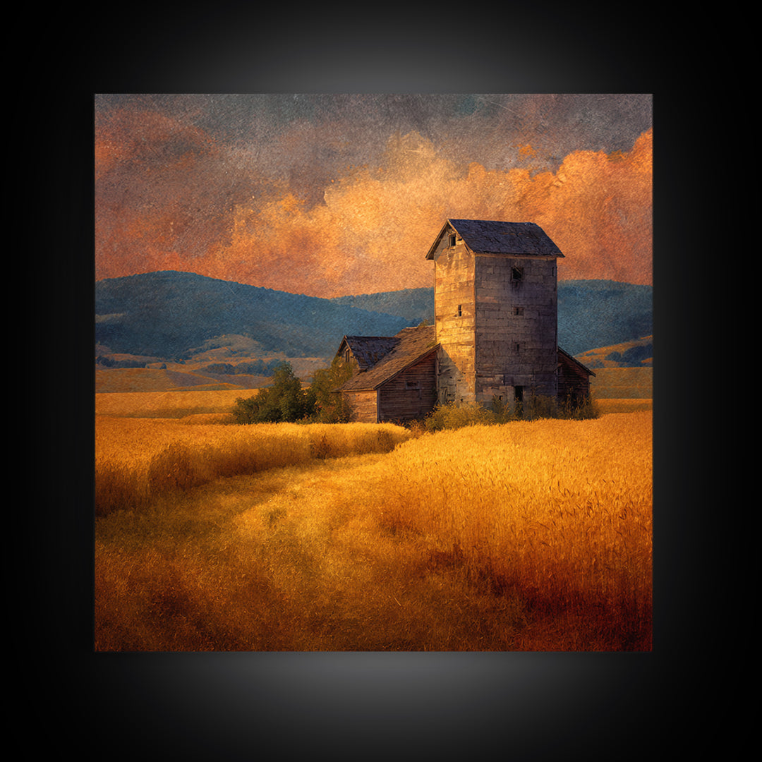 Rustic Barn In Golden Field Landscape Wall Art, Country Sunset Canvas Print, Farmhouse Home Decor Artwork