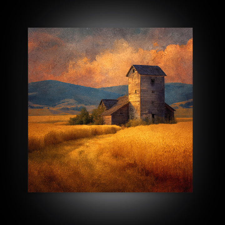 Rustic Barn In Golden Field Landscape Wall Art, Country Sunset Canvas Print, Farmhouse Home Decor Artwork