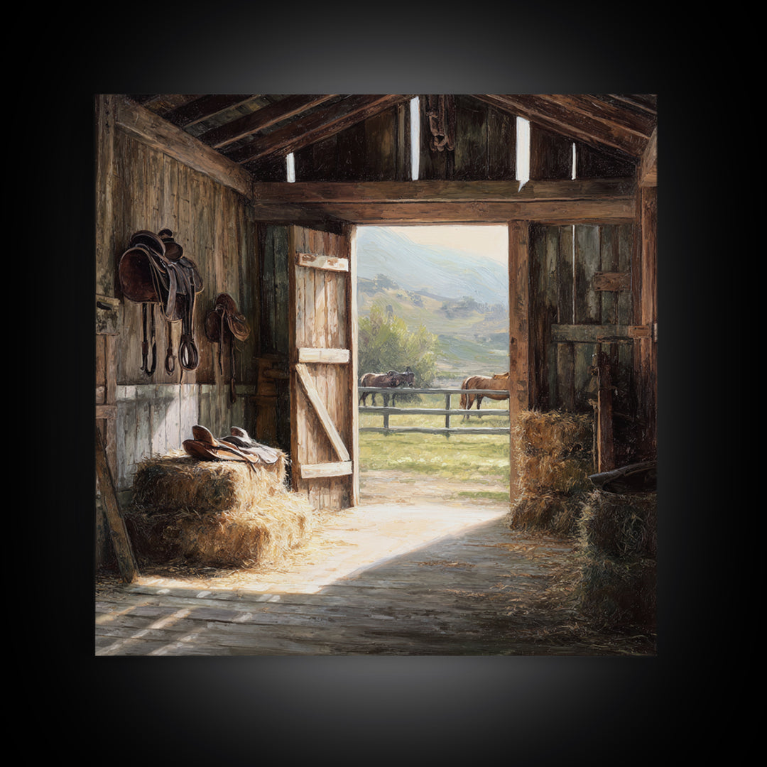 Rustic Horse Barn Interior Wall Art Country Farmhouse Decor Warm Sunlit Stable Landscape Print For Entryway Or Living Room