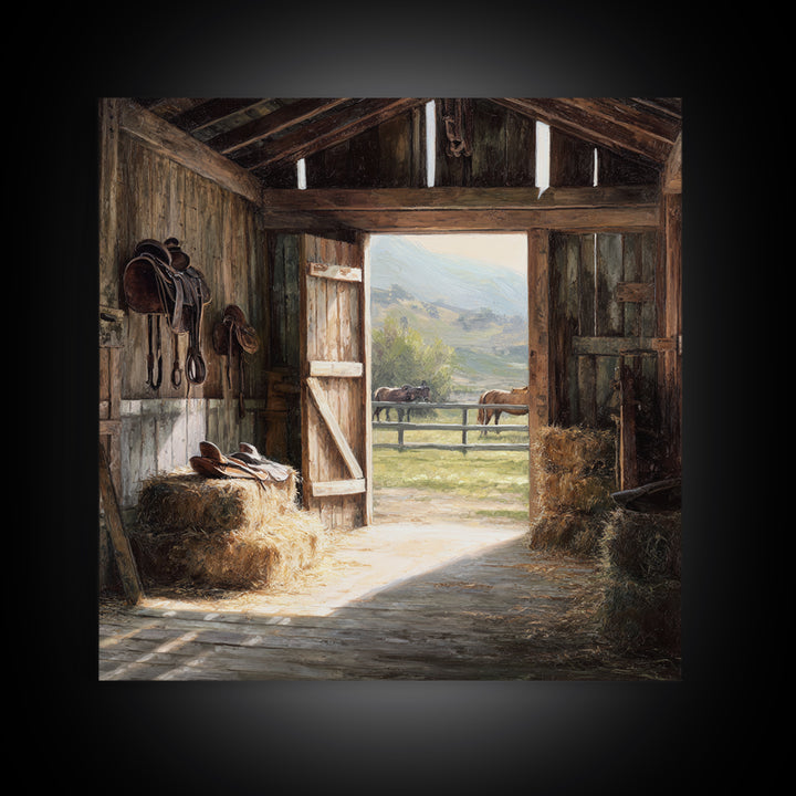 Rustic Horse Barn Interior Wall Art Country Farmhouse Decor Warm Sunlit Stable Landscape Print For Entryway Or Living Room