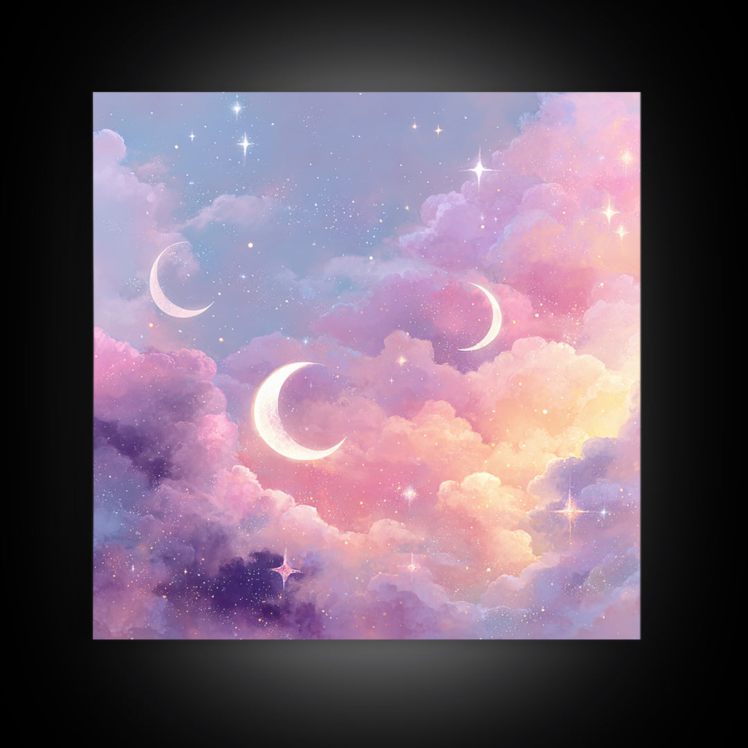 Pastel Crescent Moons In Dreamy Clouds Canvas Print, Celestial Wall Art, Whimsical Nursery Decor, Girls Room Decor, Space Art