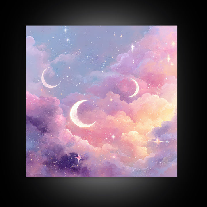 Pastel Crescent Moons In Dreamy Clouds Canvas Print, Celestial Wall Art, Whimsical Nursery Decor, Girls Room Decor, Space Art