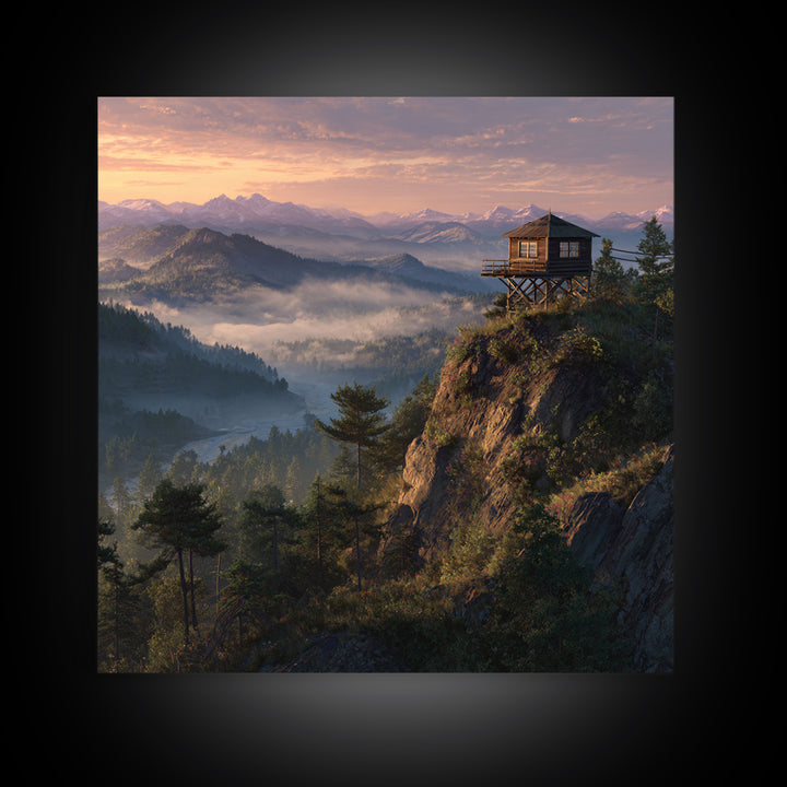 Mountain Fire Lookout Tower Sunrise Landscape Wall Art Misty Forest Painting Modern Home Decor Living Room Canvas Print