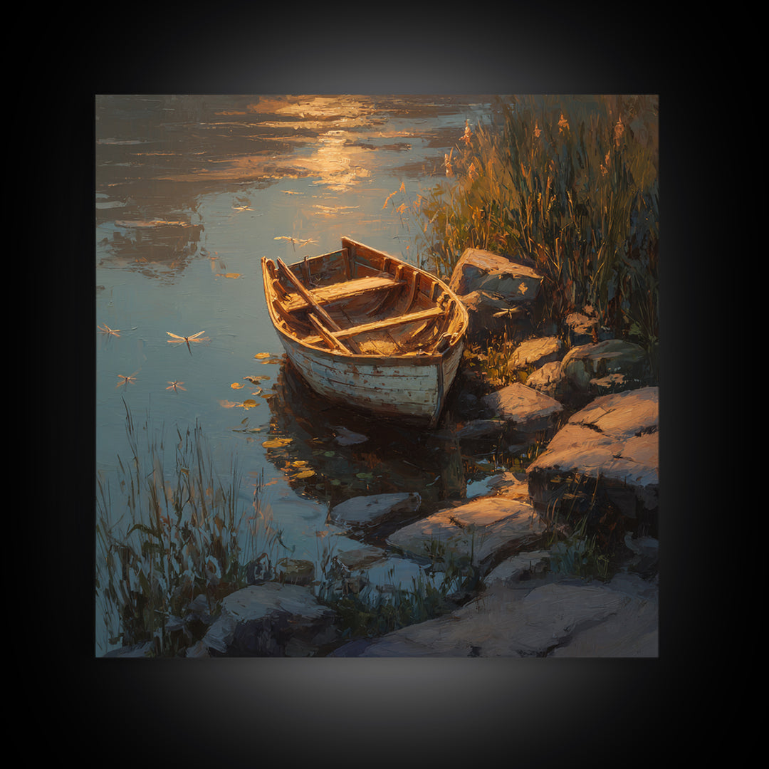 Rowboat On Golden Lake Wall Art, Tranquil Lakeside Landscape Canvas Print, Rustic Cabin Decor, Peaceful Nature Bedroom Wall Art