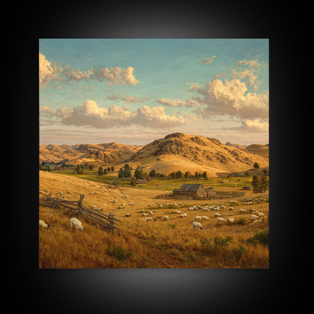 Golden Farm Landscape Wall Art, Rustic Country Pasture With Sheep, Large Wall Art Canvas Print For Farmhouse Home Decor