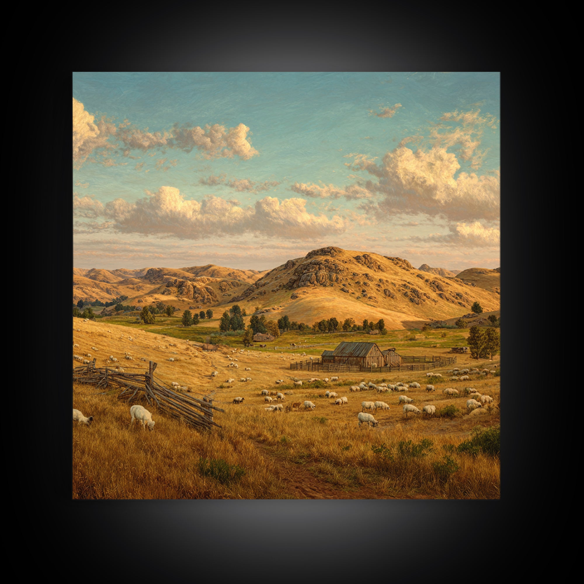 Golden Farm Landscape Wall Art, Rustic Country Pasture With Sheep, Large Wall Art Canvas Print For Farmhouse Home Decor