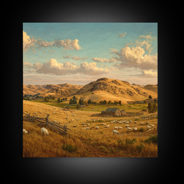 Golden Farm Landscape Wall Art, Rustic Country Pasture With Sheep, Large Wall Art Canvas Print For Farmhouse Home Decor