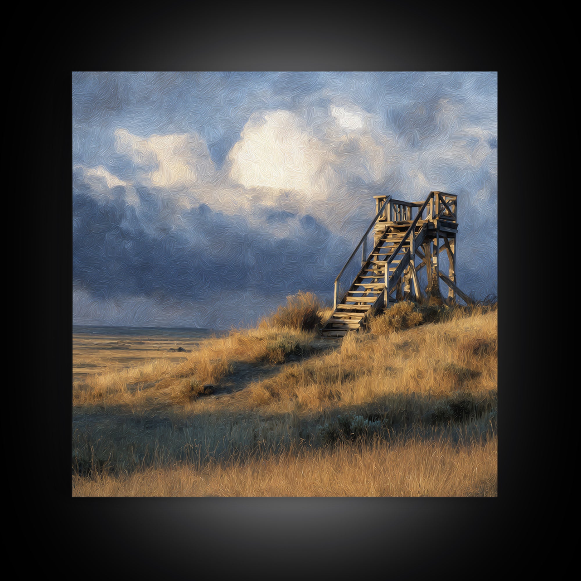 Windblown Dune Stairs Coastal Landscape Wall Art, Moody Beach House Decor Canvas Print