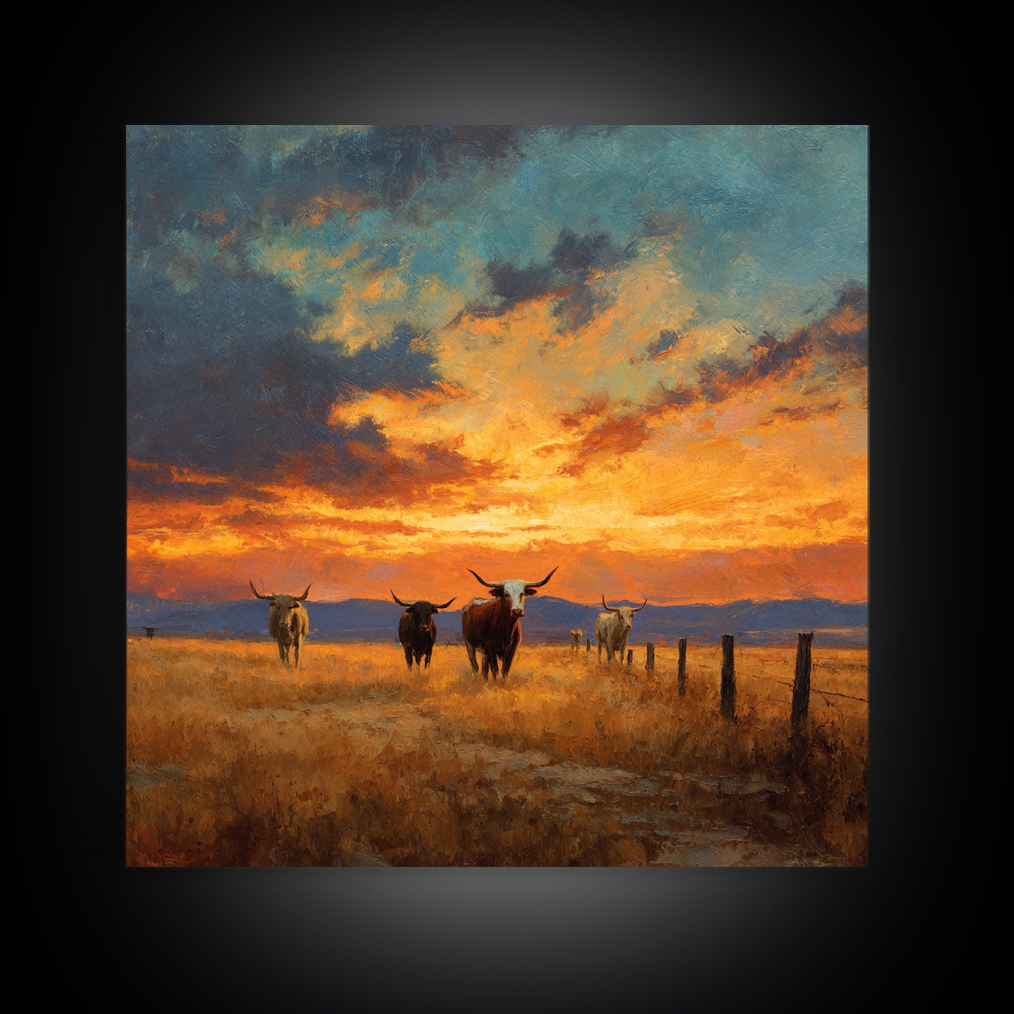 Longhorn Cattle At Sunset Western Landscape Wall Art, Rustic Ranch Canvas Print, Modern Cowboy Home Decor