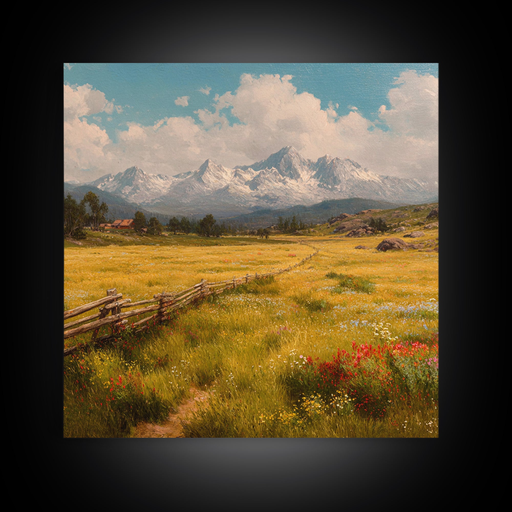 Sunny Alpine Meadow Landscape Wall Art, Wildflower Field Canvas Print, Country Farmhouse Decor, Mountain Nature Art