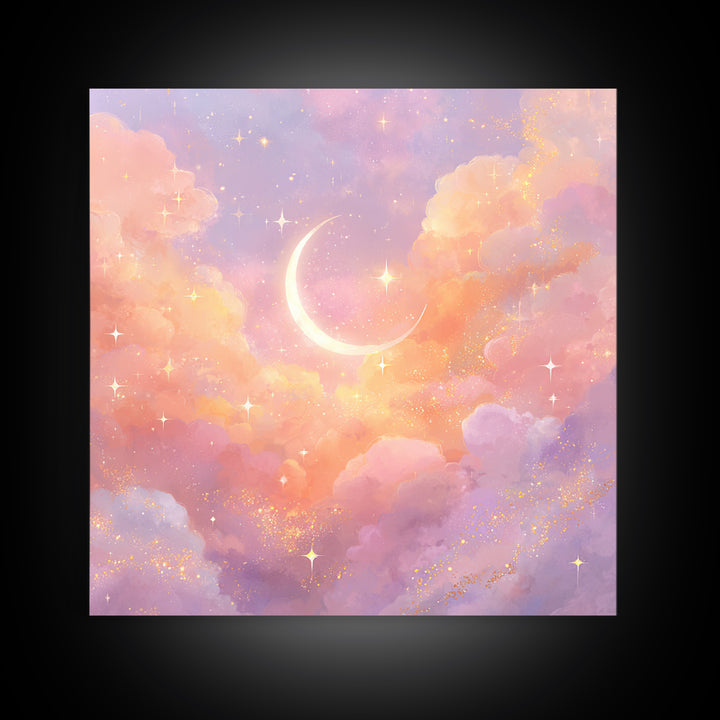 Glowing Crescent Moon Clouds Wall Art, Pastel Celestial Nursery Decor, Pink Bedroom Art, Dreamy Space Print, Girls Room Decor
