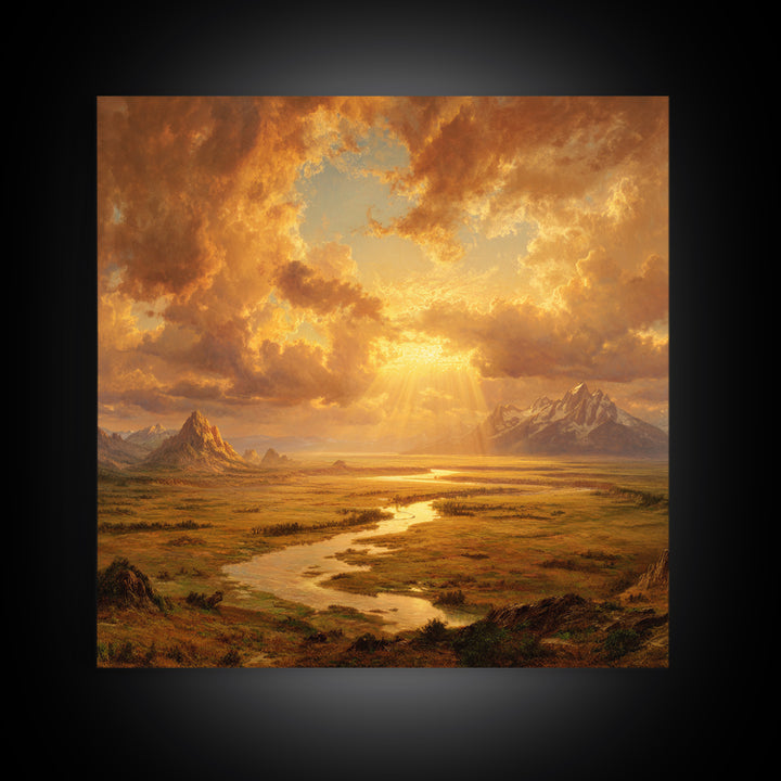 Golden Sunset River Valley Landscape Wall Art, Warm Mountain Print, Rustic Country Decor For Living Room Wall Art