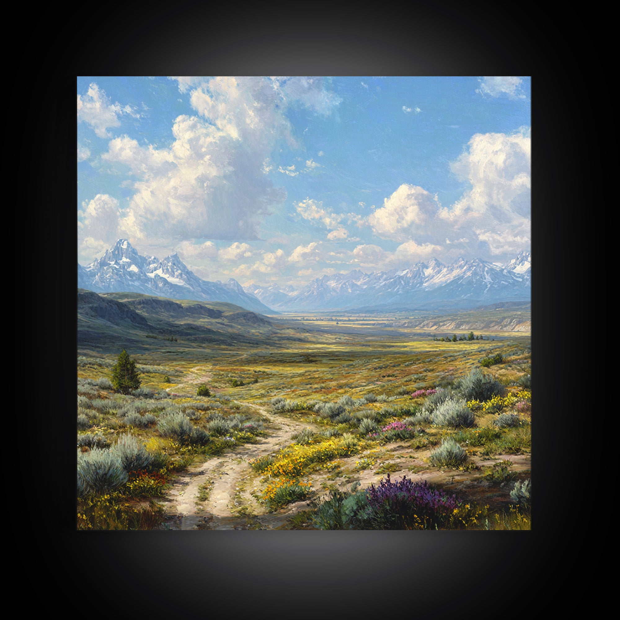 Wide Mountain Valley Wildflower Landscape Wall Art, Country Scenic Canvas Print For Rustic Farmhouse Decor