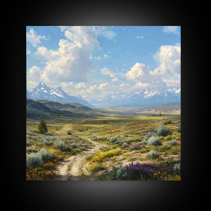 Wide Mountain Valley Wildflower Landscape Wall Art, Country Scenic Canvas Print For Rustic Farmhouse Decor