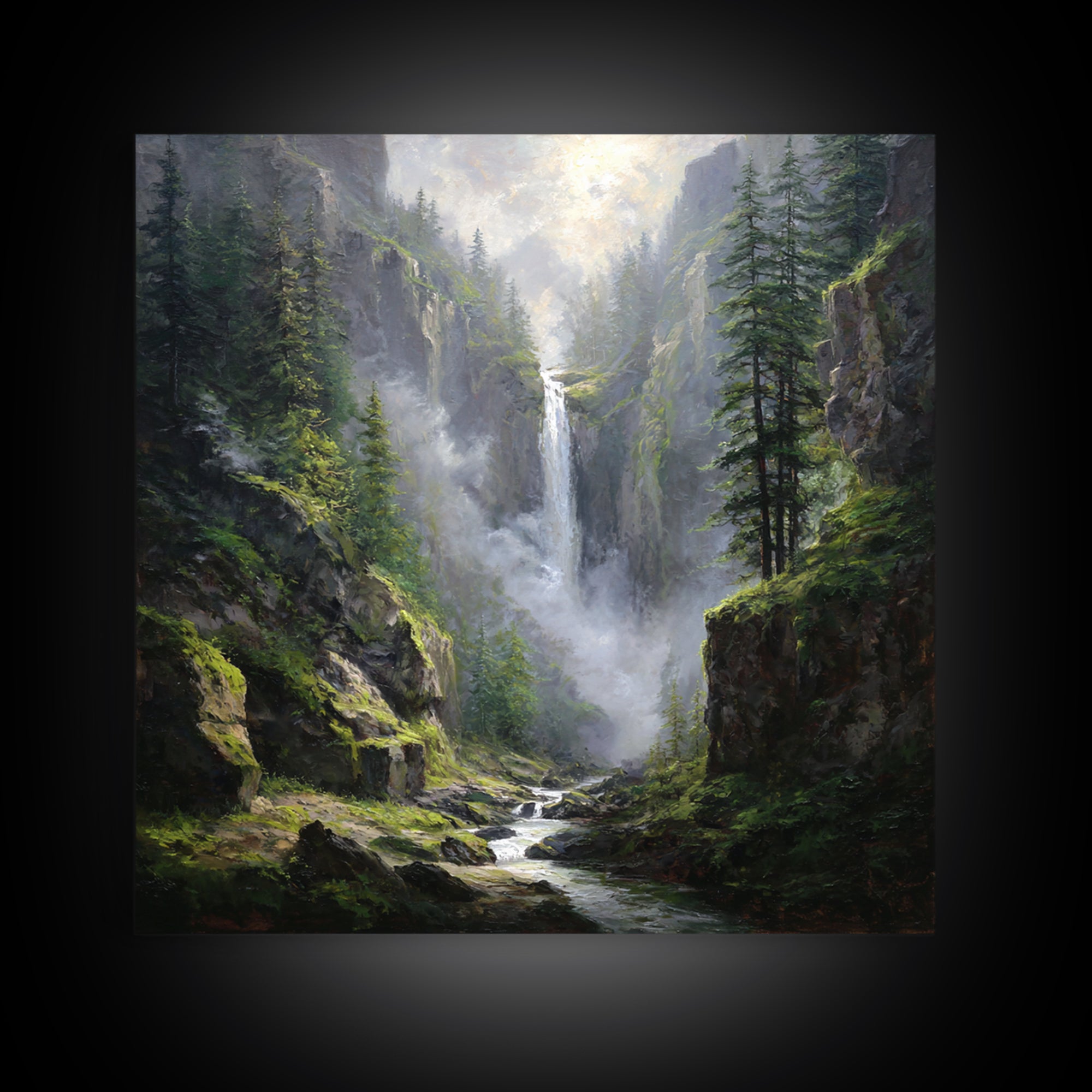 Majestic Mountain Waterfall Forest Landscape Wall Art, Serene Nature Canvas Print For Rustic Cabin Decor