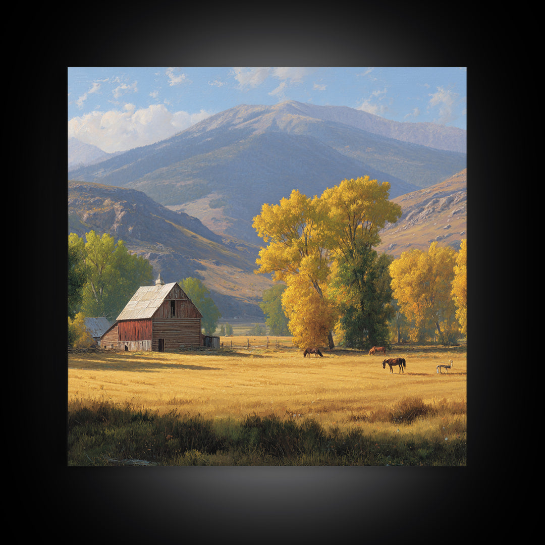 Golden Autumn Barn Landscape Wall Art Canvas Print Rustic Farmhouse Country Home Decor Large Landscape Art